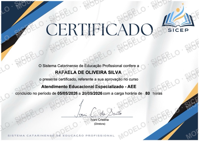 Modelo da frente do certificado de conclusão SICEP, com nome do aluno, curso, período e carga horária