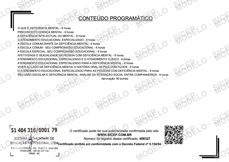 Modelo do verso do certificado com conteúdo programático, carimbo, número de registro e QR Code de autenticação